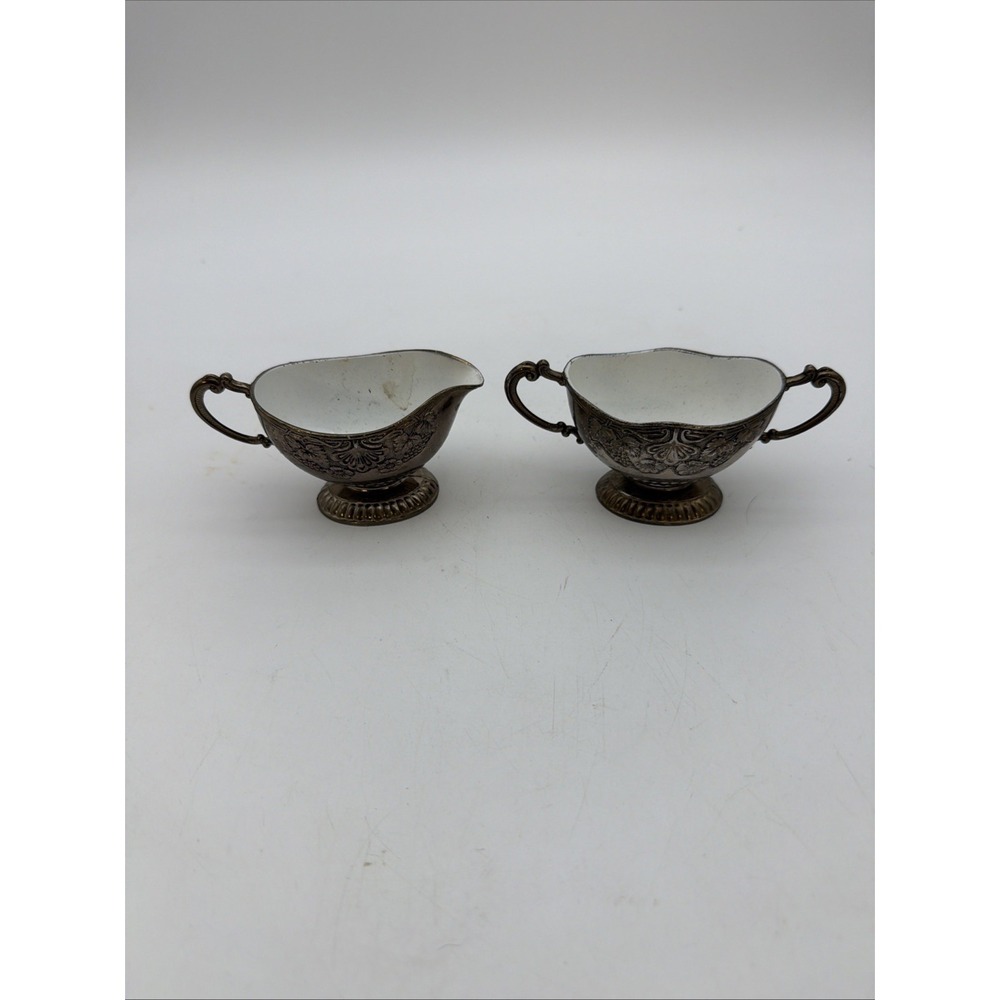 VINTAGE EP Zinc Grape Vine Sugar & Creamer Set, White Enamel Inlay
